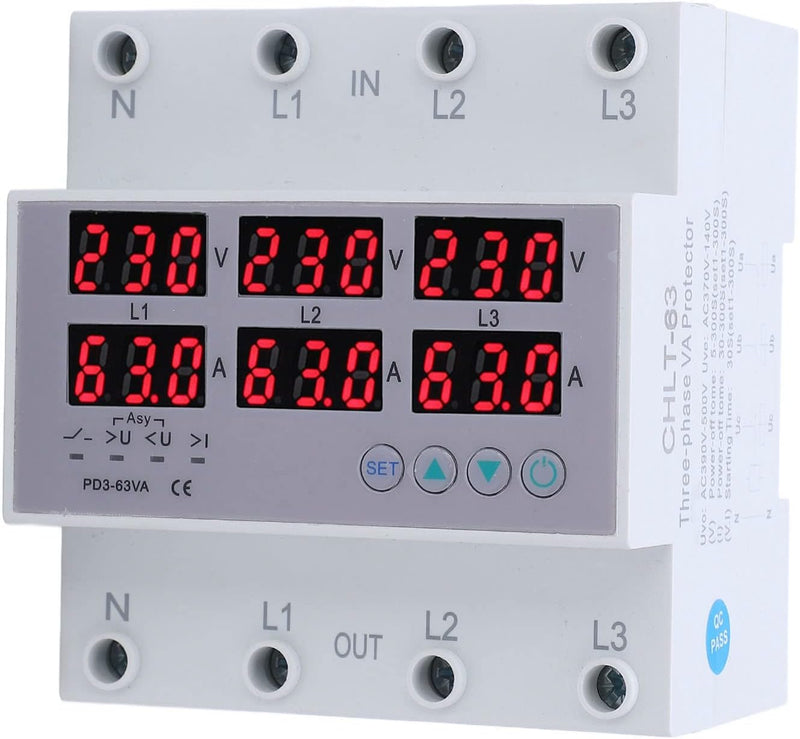 3 Phase Din Rail Voltmeter, CHLT 63 Digital LCD Display Automatic Reset Din Rail Voltmeter Ammeter A