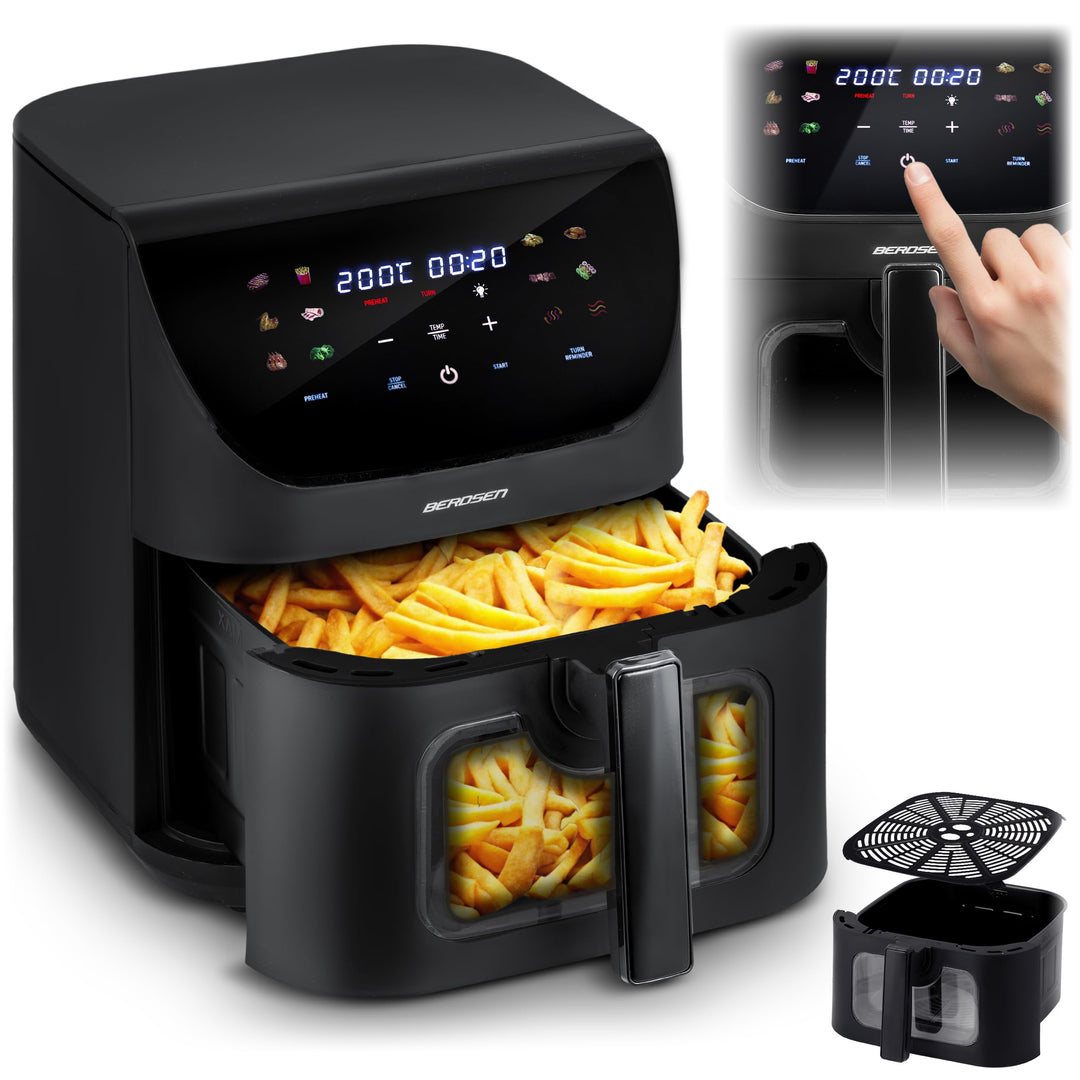 Berdsen Heissluftfritteuse XXL 8L - Airfryer mit Sichtfenster und Touchscreen - 1700W - 12 Programme