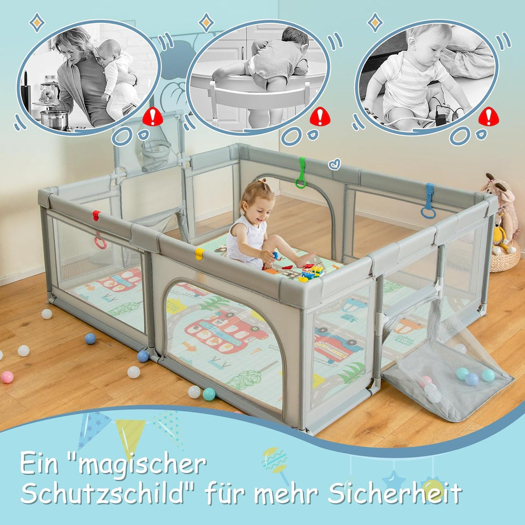 DREAMADE Laufstall baby, 188 x 157cm Laufgitter mit Matratze & Basketballkorb & Zugring, Schutzgitte