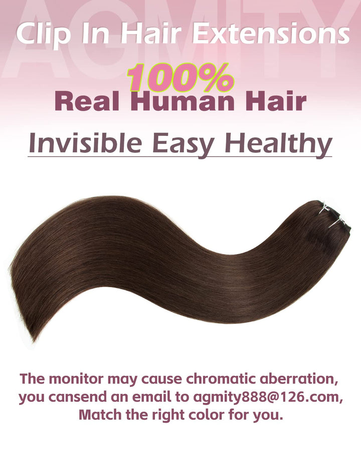 AGMITY Clip in Extensions Echthaar 40cm Dunkel Braun 120 Gramm 7 Stück Unsichtbar Gerade Glatt Nahtl