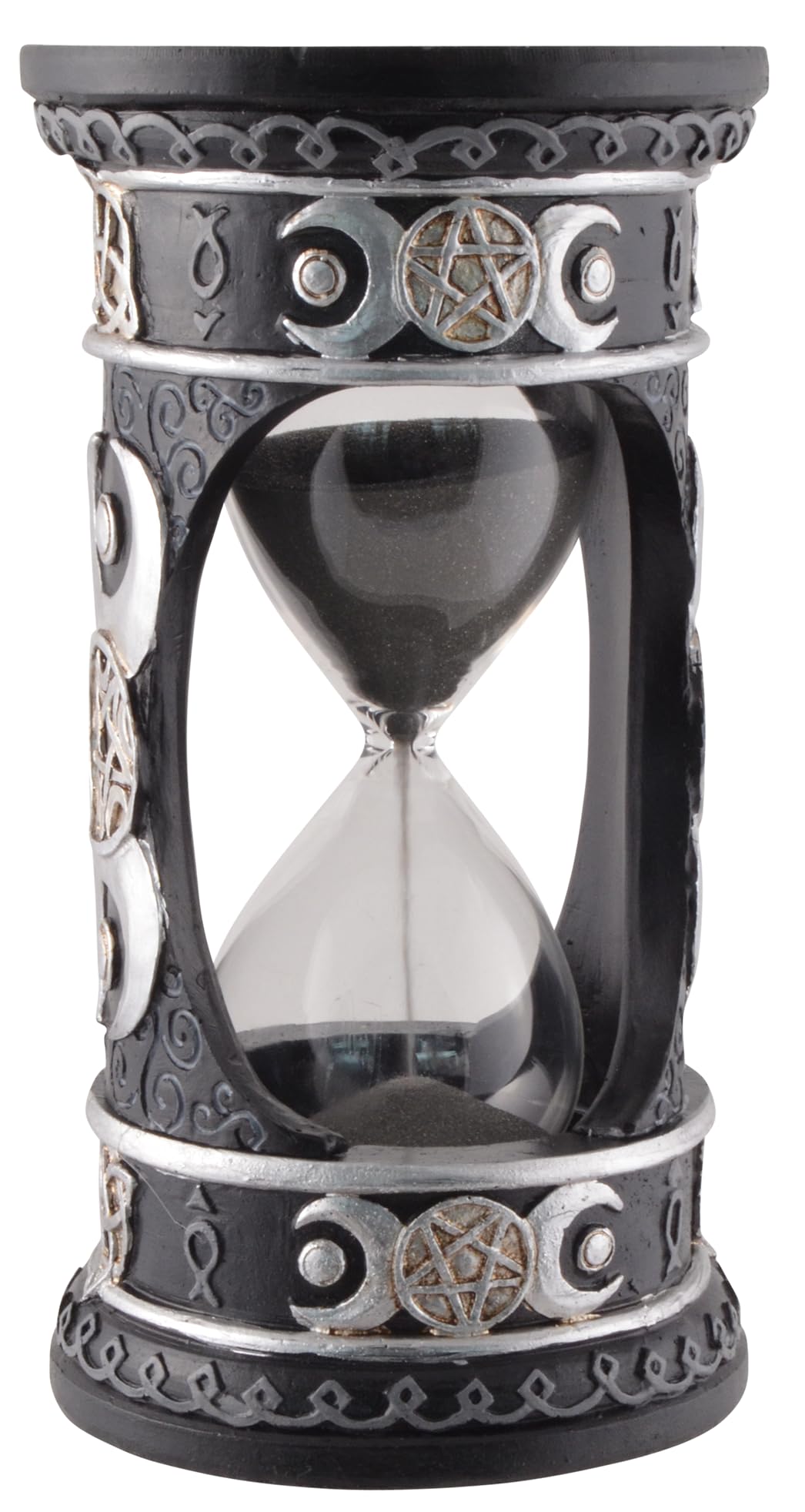 Wicca Sanduhr Silber-schwarz mit schwarzem Sand, aus Kunststein angefertigt und von Hand bemalt