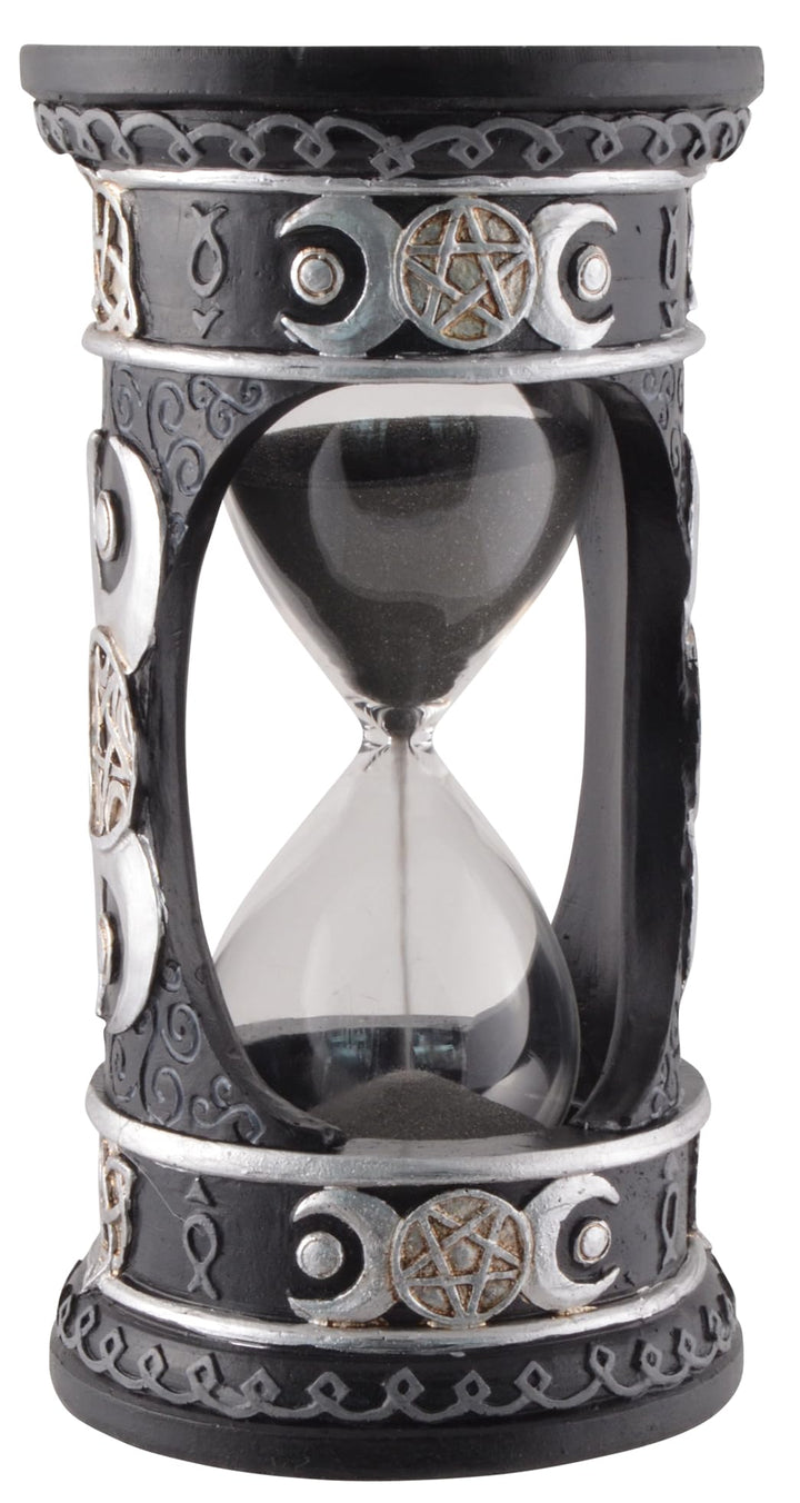 Wicca Sanduhr Silber-schwarz mit schwarzem Sand, aus Kunststein angefertigt und von Hand bemalt