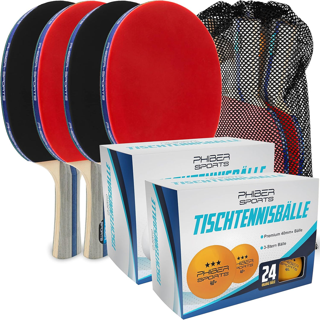 PHIBER-SPORTS Tischtennis Set mit 4 Tischtennisschläger + 8 Tischtennisbälle + Praktische Tragetasch