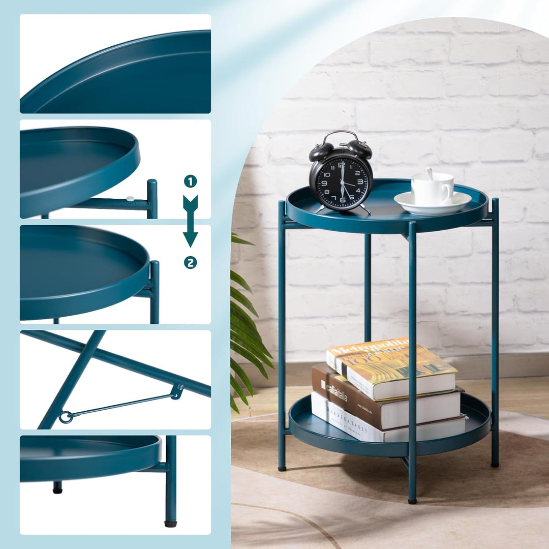 HollyHOME Runder Beistelltisch, 2 Ebenen Beistelltisch Metalltablett, Snacktisch, Couchtisch, Teetis