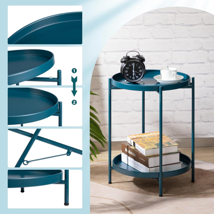 HollyHOME Runder Beistelltisch, 2 Ebenen Beistelltisch Metalltablett, Snacktisch, Couchtisch, Teetis