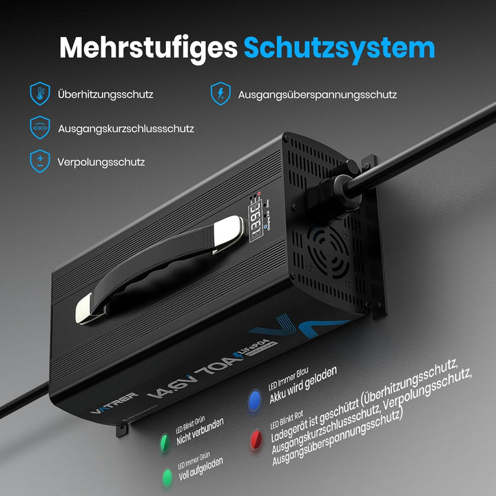 14.6V 70A Schnelllade Lithiumbatterieladegerät AC-DC LiFePO4 Batterieladegerät für 12V Lithiumbatter
