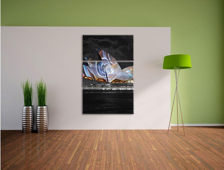 Pixxprint beeindruckende Sydney Opera House Lichter schwarz/weiss 3-Teiler Leinwandbild 120x80 Bild