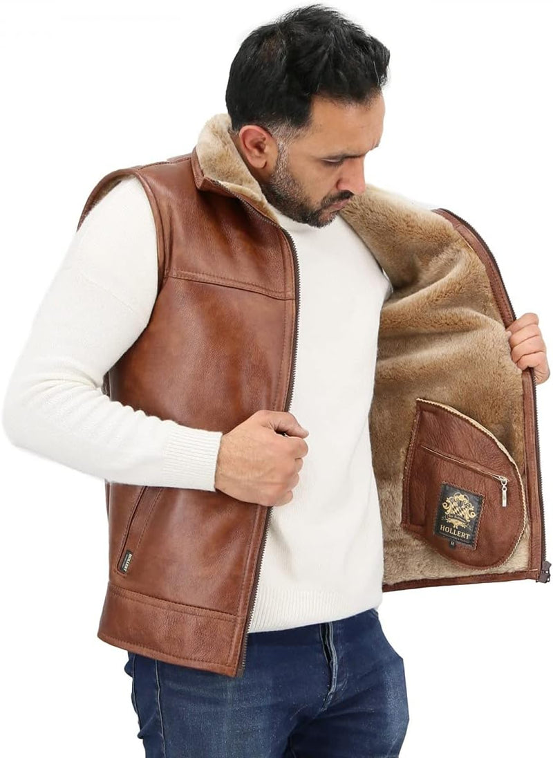 Hollert Herren Lammfellweste Luca Fellweste Echtleder Merino Schaffell Jagdweste warme Outdoorweste