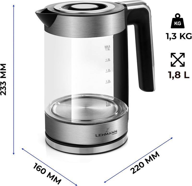 Lehmann LHOEK-2220B elektrischer Wasserkocher aus Glas 2200W, 1,8L Glas-Wasserkocher mit LED-Beleuch
