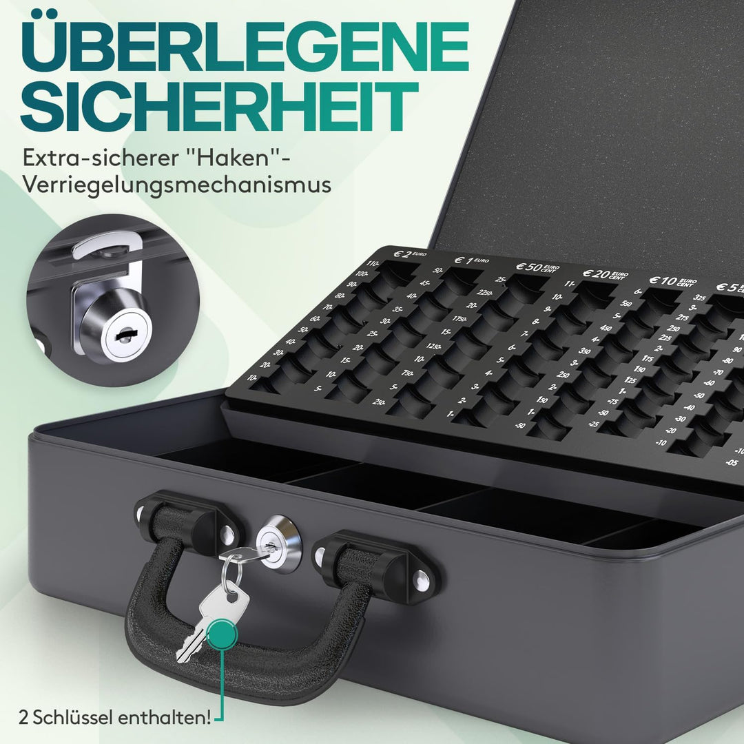 ACROPAQ Geldkassette - Abschliessbar, Mit Münzzählbrett, Extra Gross, 35,8 x 27,3 x 11 cm, Mit 2 Sch