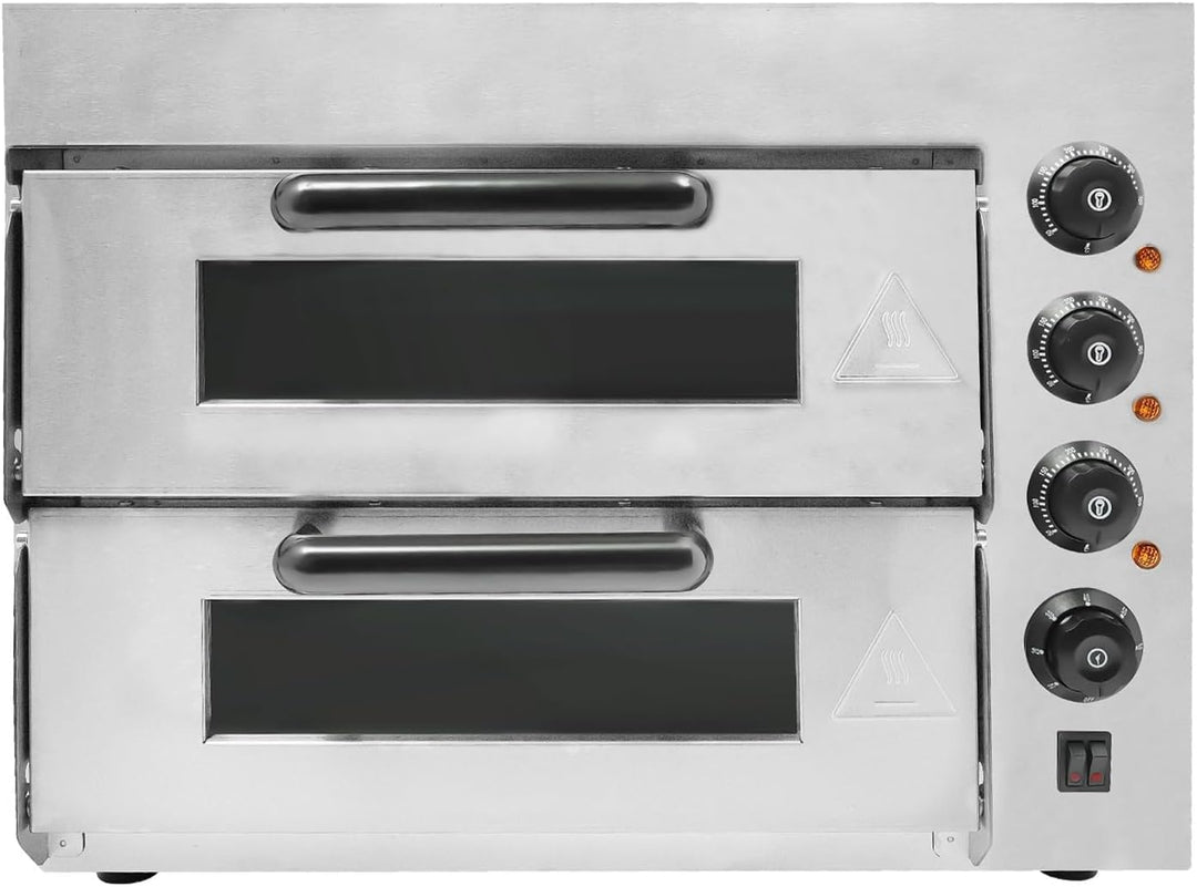 Pizza Backofen, 3KW Profi Doppel Kammer Pizzaofen mit Timer 0-60 Min, 50-350 °C Edelstahl Pizza Ofen
