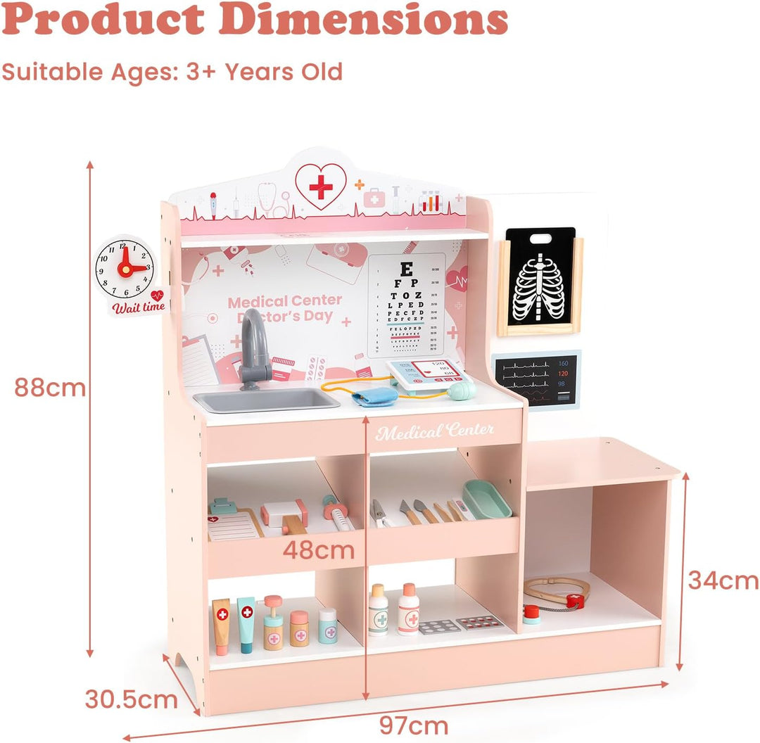 HOMASIS Arzt-Set aus Holz, Arzt-Set für Kinder mit Waschbecken, Sichtprüfung, Elektrokardiogramm, Uh