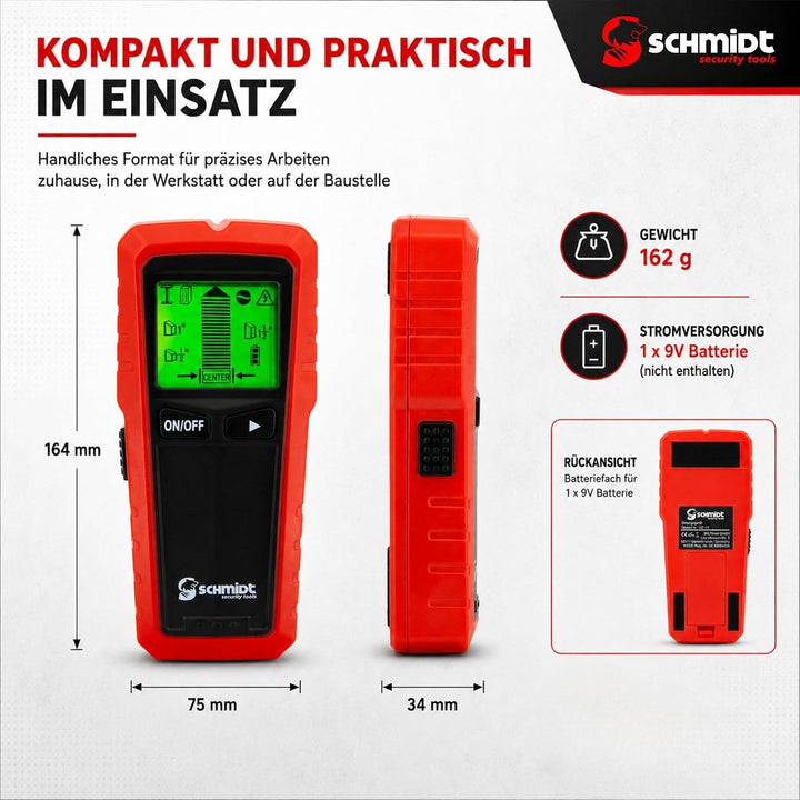 SCHMIDT security Tools Digitaler Ortungsgerät - LCD Display - Wandscanner - Tonfunktion - Leitungssu