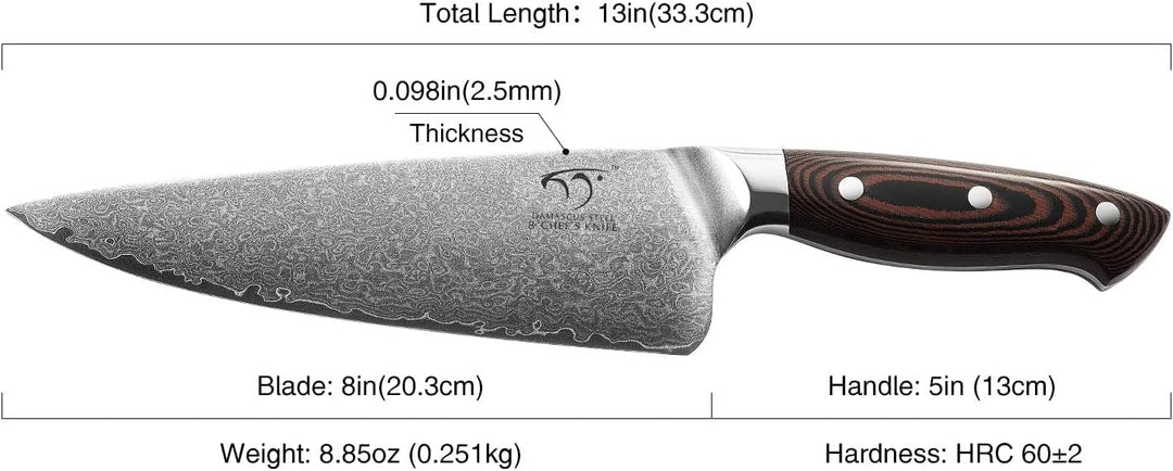 NANFANG BROTHERS Damastkochmesser, 20,3 cm, Profiqualität, Damastmesser Kochmesser 20cm, Damastmesse