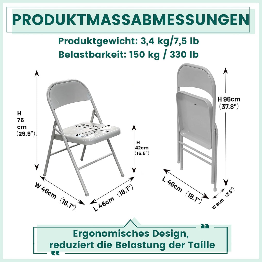 Vollstahl-Klappstuhl 4er Set, Schwerlast-Metallklappstuhl, Ergonomische Rückenlehne, Leicht &amp; platzs