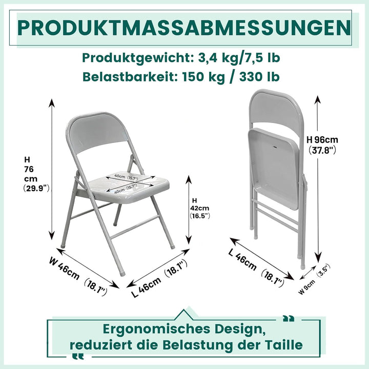 Vollstahl-Klappstuhl 4er Set, Schwerlast-Metallklappstuhl, Ergonomische Rückenlehne, Leicht &amp; platzs