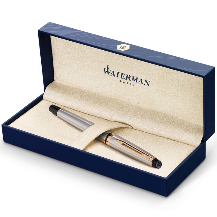 Waterman Expert Tintenroller | Edelstahl | Zierteile aus 23 K Gold| feine Spitze | Schwarz | Geschen