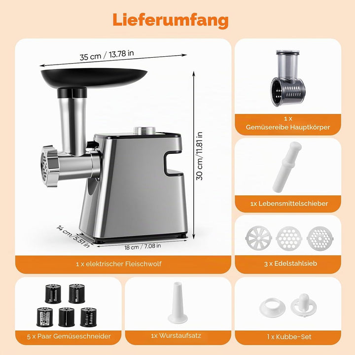 Fleischwolf Elektrisch 2800W, Küchenmaschine mit Gemüseaufsätzen und Käsereibe, 5-in-1 Multizerklein