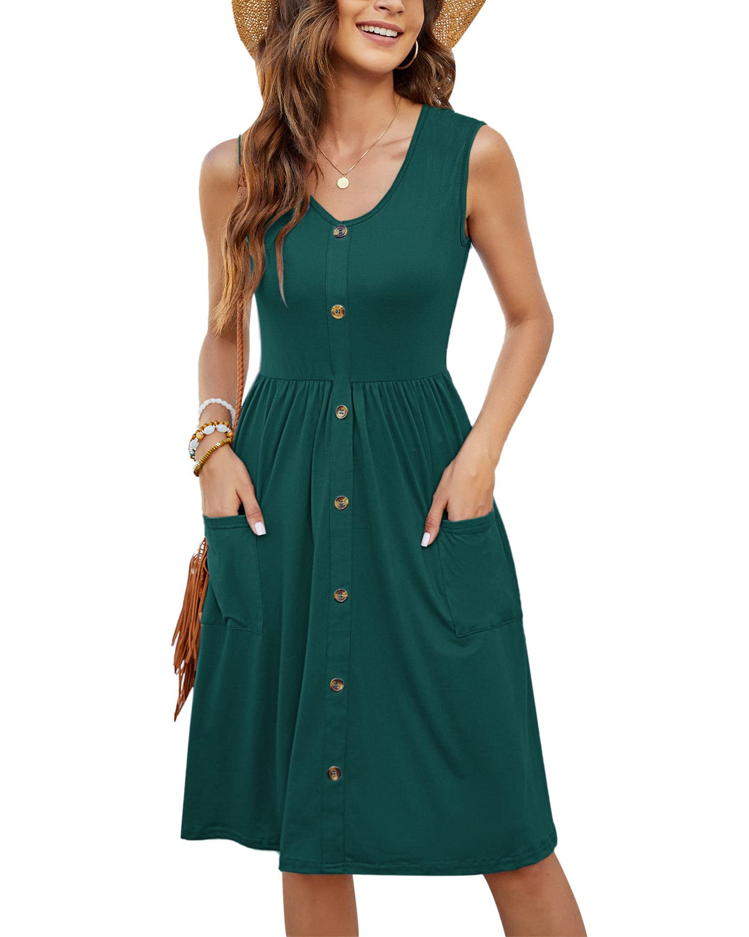 MOLERANI Damen Sommerkleider Ärmellos Lässig Locker Swing Button-Down Midikleid mit Taschen S Dunkel