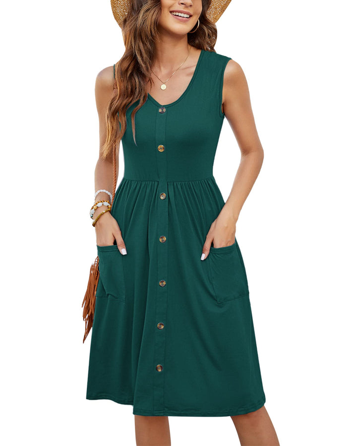 MOLERANI Damen Sommerkleider Ärmellos Lässig Locker Swing Button-Down Midikleid mit Taschen S Dunkel