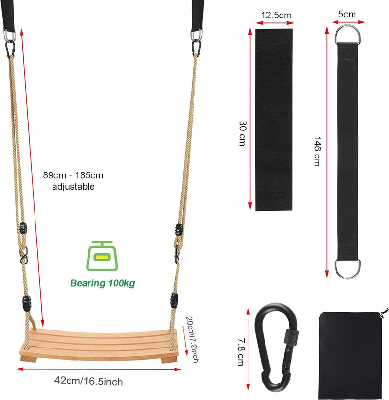 Holzschaukel Outdoor für Kinder und Erwachsene,Holz Schaukelsitz mit höhenverstellbarem Seil, Garten