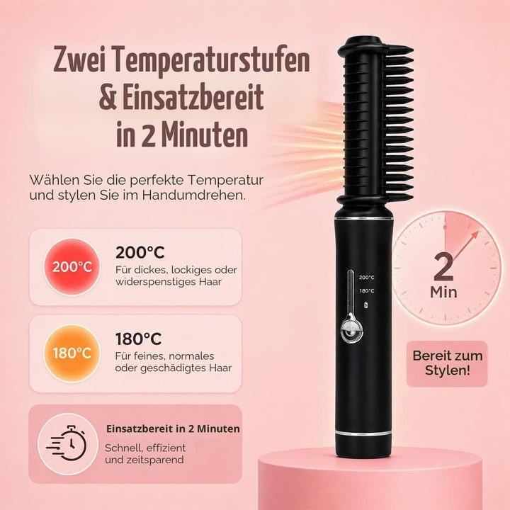 Mini Haarglätter Kabellos | Reiseglätteisen | Stylingbürste mit Keramikbeschichtung | 2 Wärmestufen