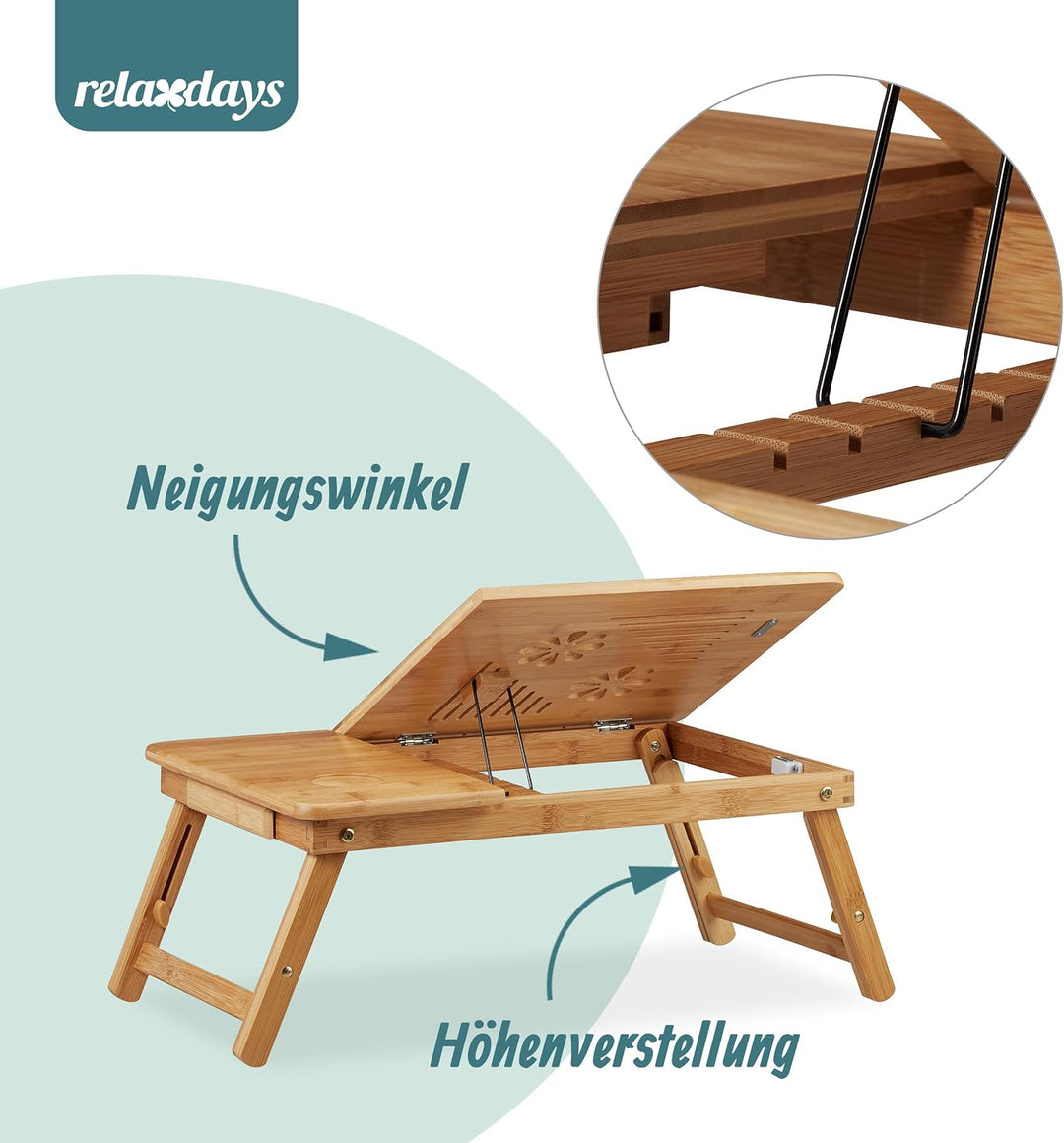 Relaxdays, Natur Höhenverstellbarer Laptoptisch fürs Bett, Bambus Notebooktisch m. Schublade, HxBxT:
