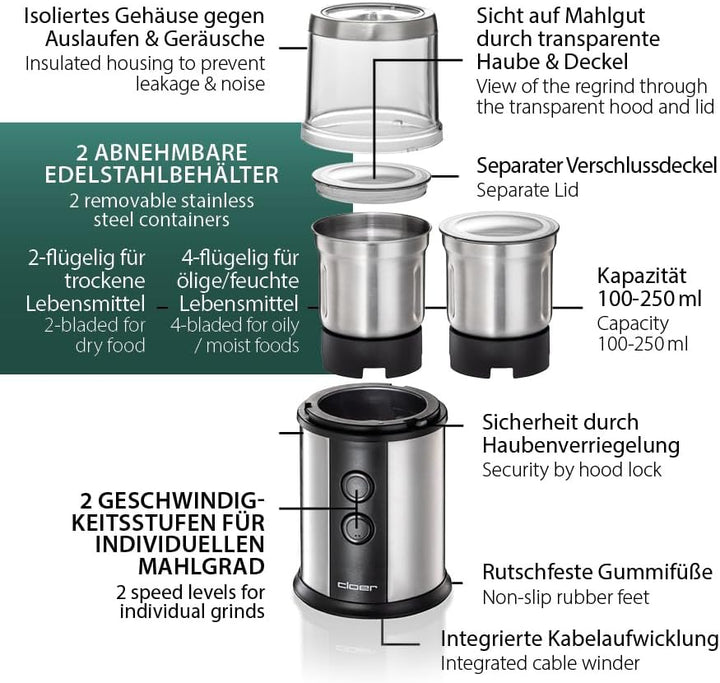 Cloer 7419 Elektrische Kaffee- und Gewürzmühle mit Edelstahl-Schlagmesser, 350W, 2 abnehmbare Edelst