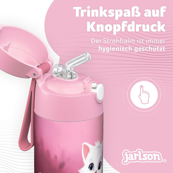 Jarlson® Trinkflasche Kinder Edelstahl Charli [MIT STROHHALM] - Thermosflasche Auslaufsicher - Therm