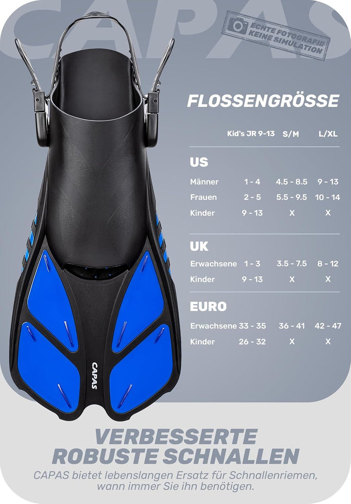 CAPAS Schnorchelflossen, Schwimmflossen Reisegrösse Kurz Einstellbar zum Schnorcheln Tauchen Erwachs