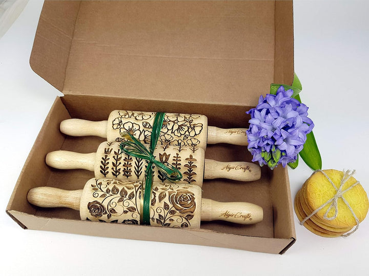 GARTENBLUMEN 3-er SET Kinder Nudelhölzer für hausgemachtes Gebäck. Teigrolle mit Blumen- Rosen, Saku