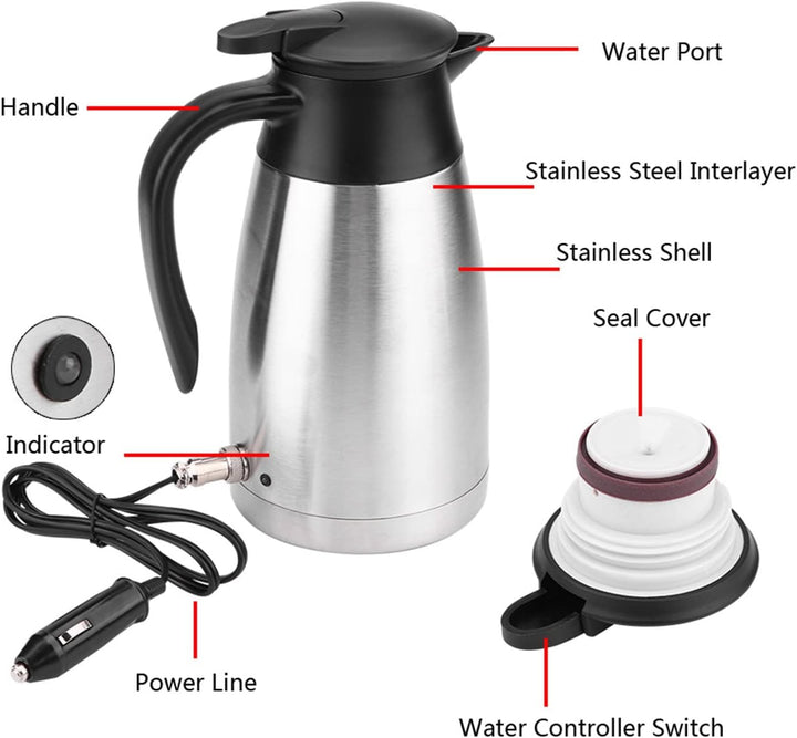 Auto Wasserkocher, 12V/24V 1000Ml Reisewasserkocher, Edelstahl Elektrisch Im Auto Wasserkocher Reise