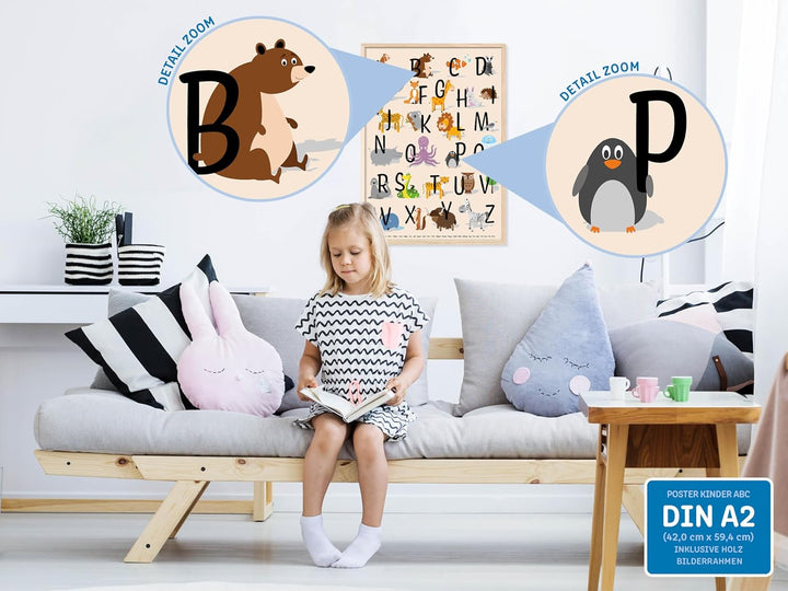kizibi® ABC Poster DIN A2 mit Rahmen für Kinderzimmer, Alphabet Poster für Mädchen und Jungen, Buchs