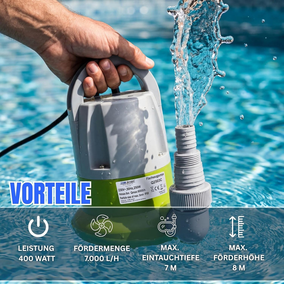 Tauchpumpe flachsaugend bis 1mm 250 Watt Flachsaugpumpe mit integriertem Schwimmer und Überhitzungss