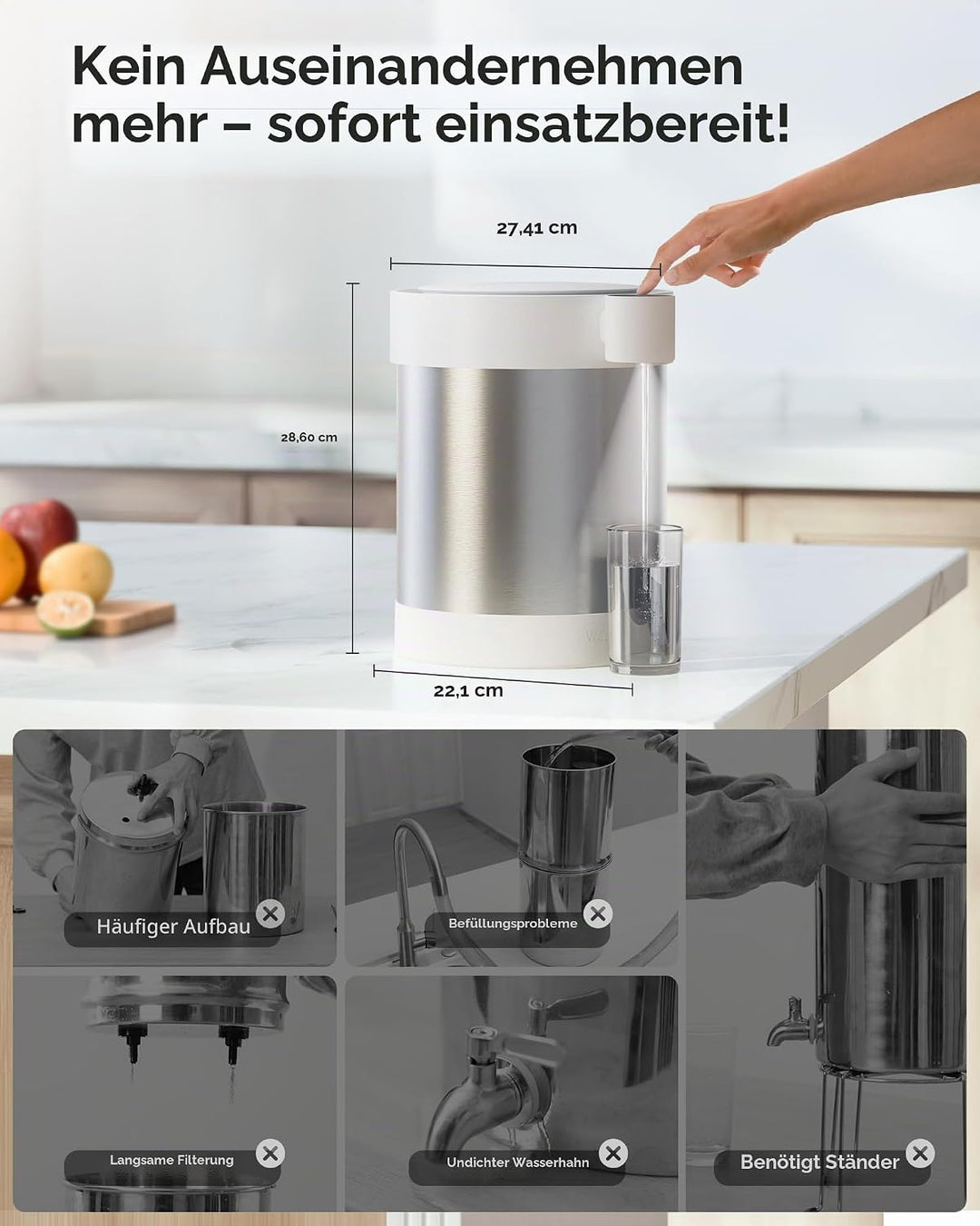 Waterdrop Edelstahl Wiederaufladbarer Wasserfilterspender mit LED Funktion, WD-ED09W 5,3L 3 Monate W