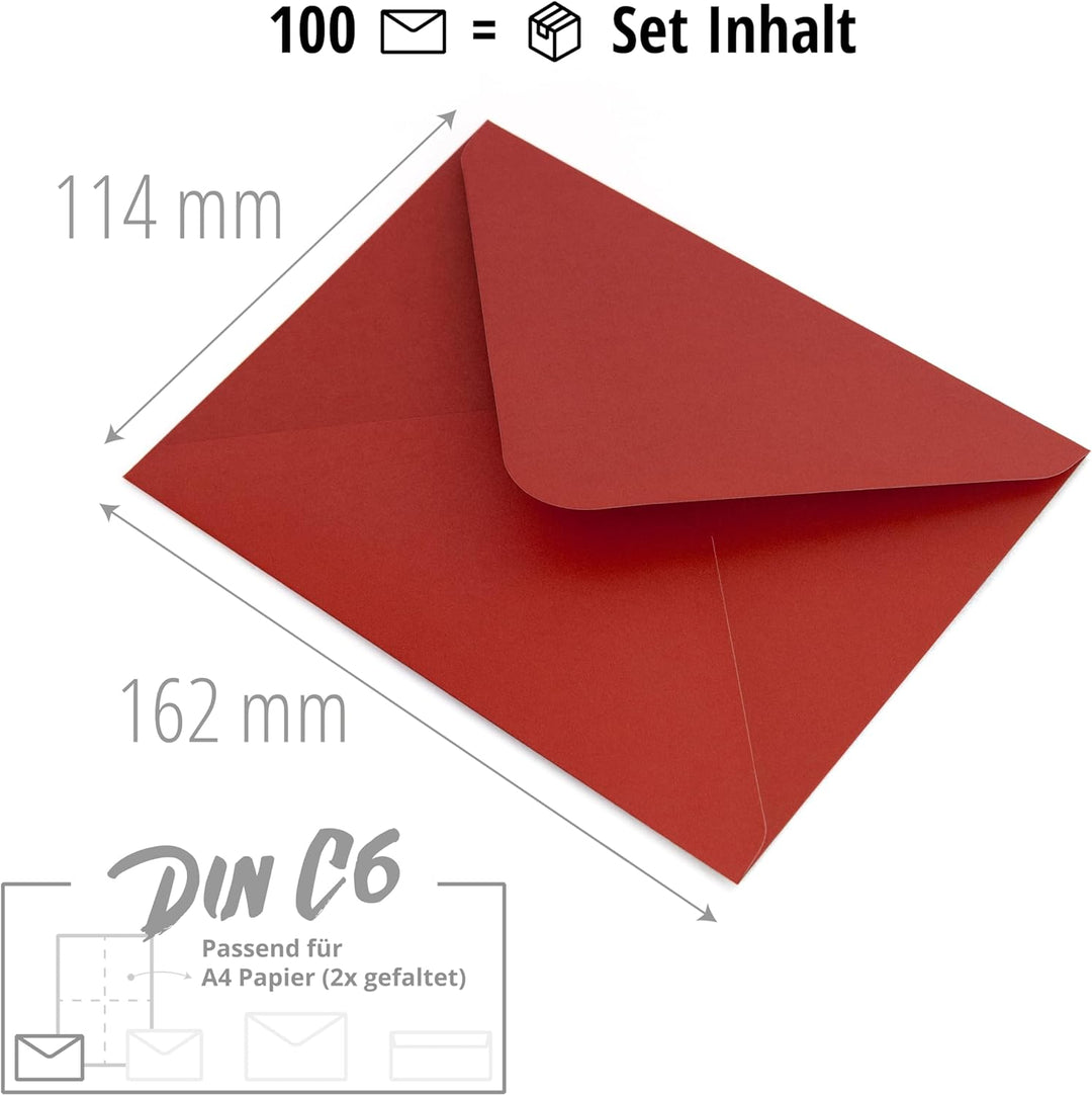 Briefumschläge (100 Stück) aus Papier, Kuvert, Umschlag ohne Fenster - DIN C6-162 x 114 mm - rot Cri