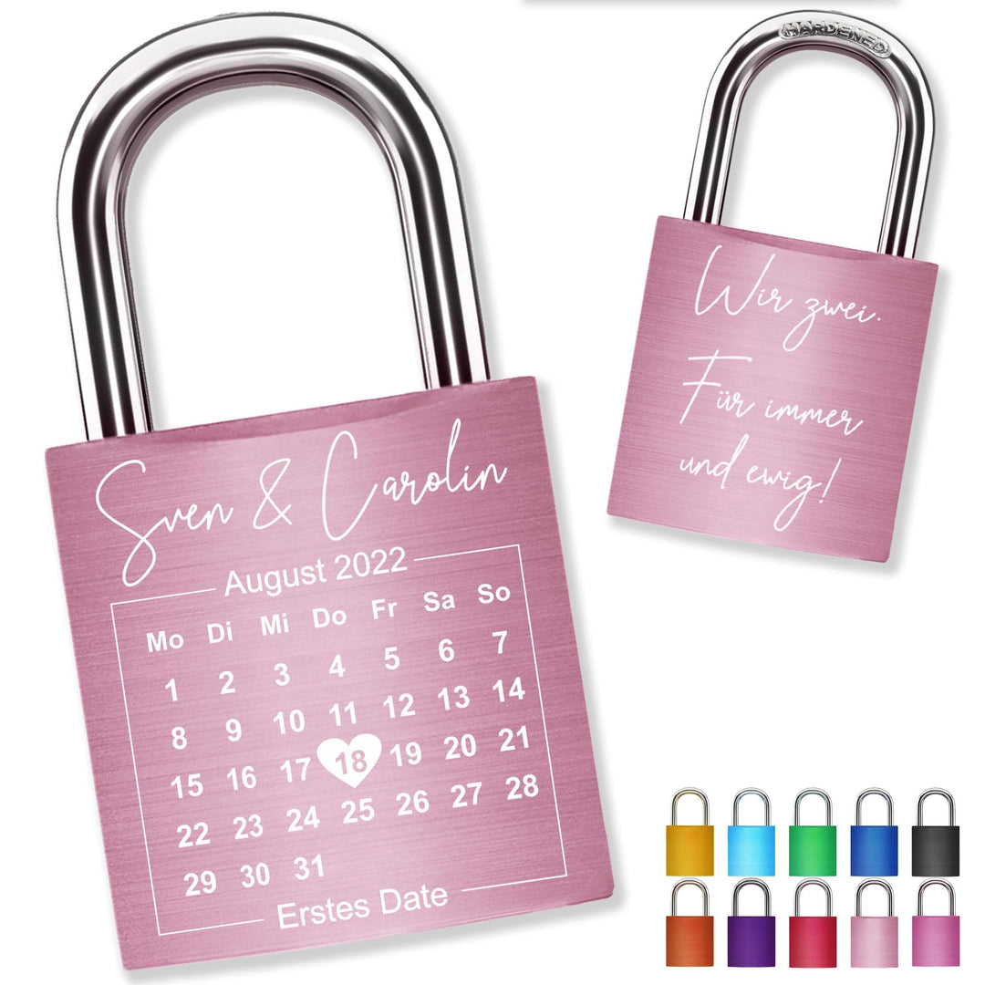 Liebesschloss mit Gravur Kalenderblatt - Rosa - gestaltbar mit vielen Farben & Schriften - Jahrestag