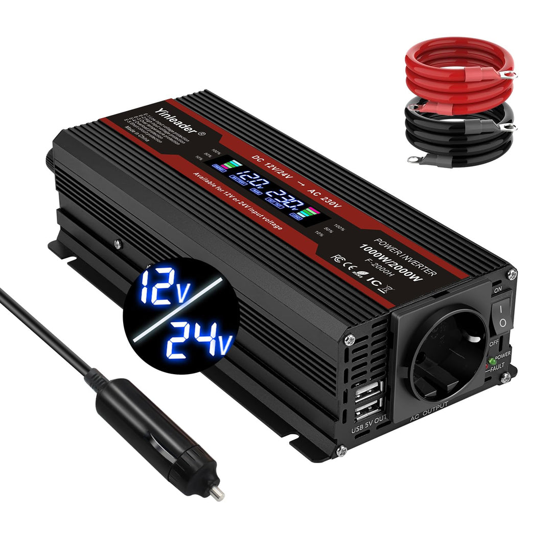 Yinleader Modifizierter Sinus Wechselrichter 12V/24V auf 230V Spannungswandler 1000W / 2000W LCD-Dis