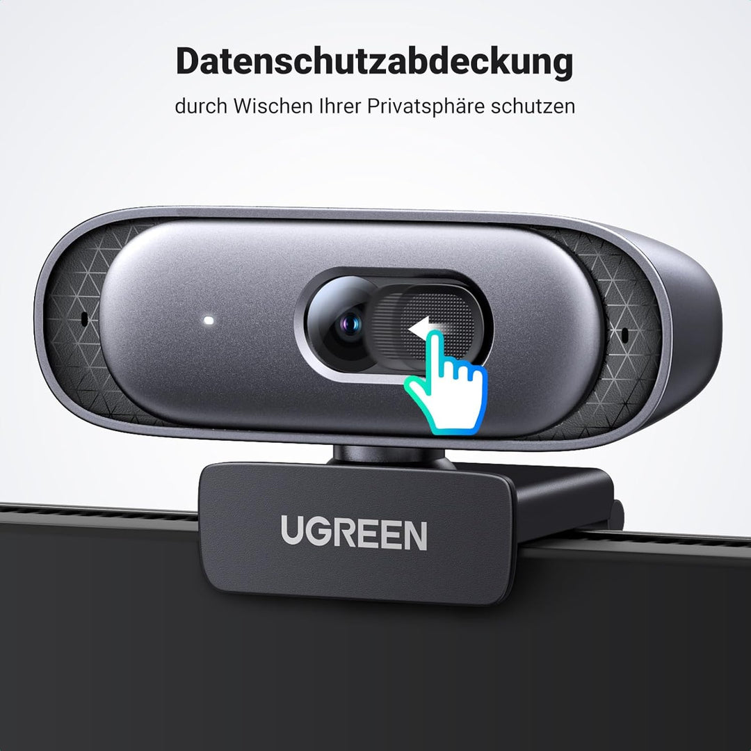 UGREEN Webcam 2K 30FPS Full HD, Webcam mit Dual Mikrofon, 91° Sichtfeld, Sichtschutz, Autofokus, Aut