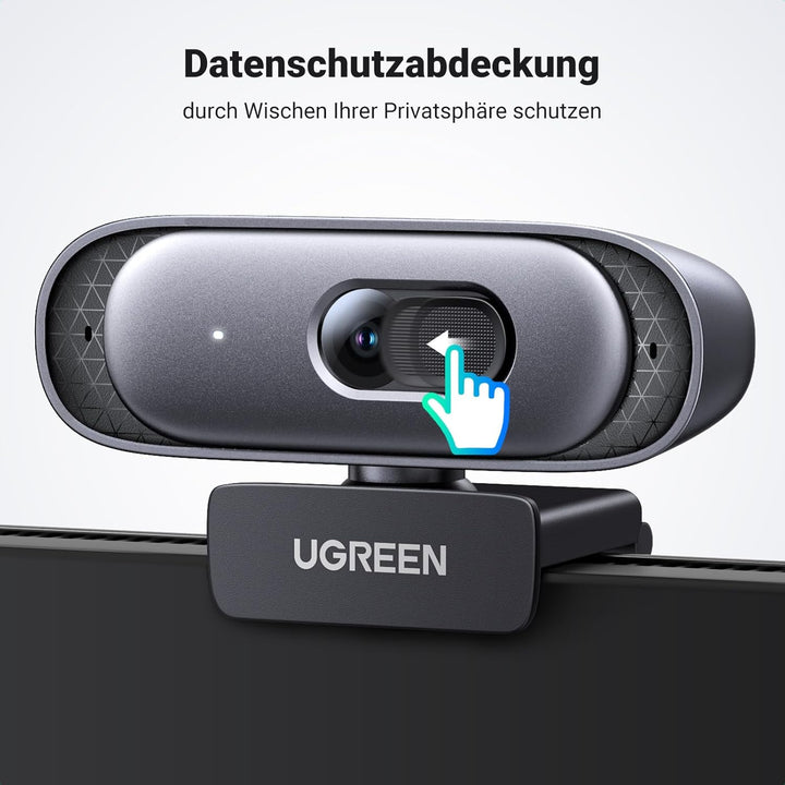UGREEN Webcam 2K 30FPS Full HD, Webcam mit Dual Mikrofon, 91° Sichtfeld, Sichtschutz, Autofokus, Aut
