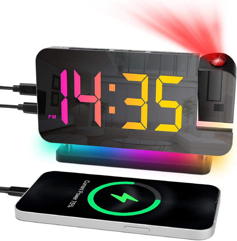 Cuteefun Projektionswecker, Wecker mit Projektion, Projektionsuhr mit Dualem USB C/A Ladeanschluss,
