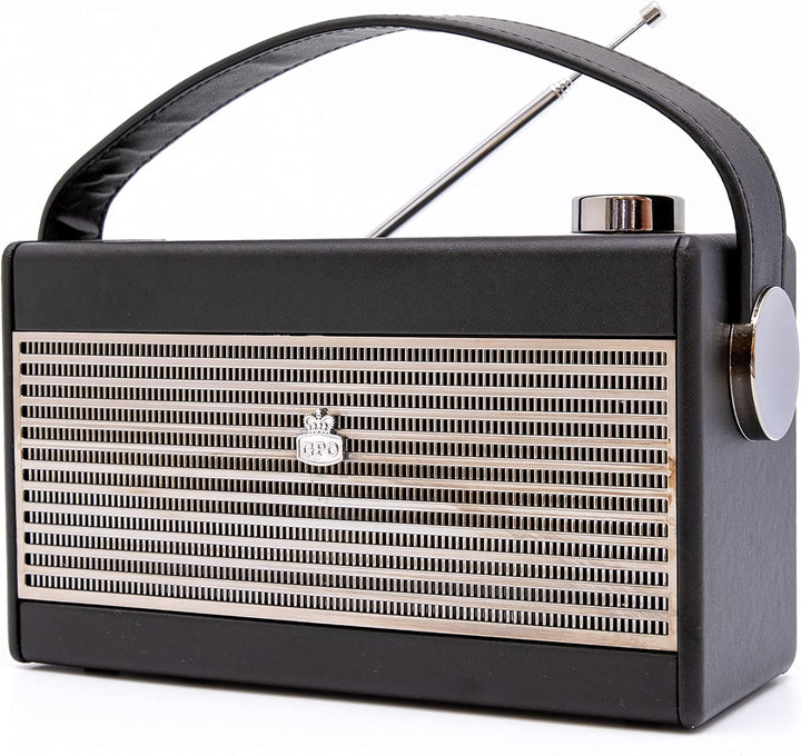 GPO Darcy tragbares Retro Analogradio im Retro-Stil mit Tragegriff, Schwarz & Silber