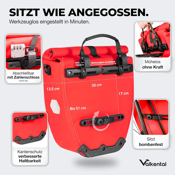 Valkental - Grosse &amp; wasserdichte Gepäckträgertasche - 20L Füllvolumen - Fahrradtasche für Gepäckträ