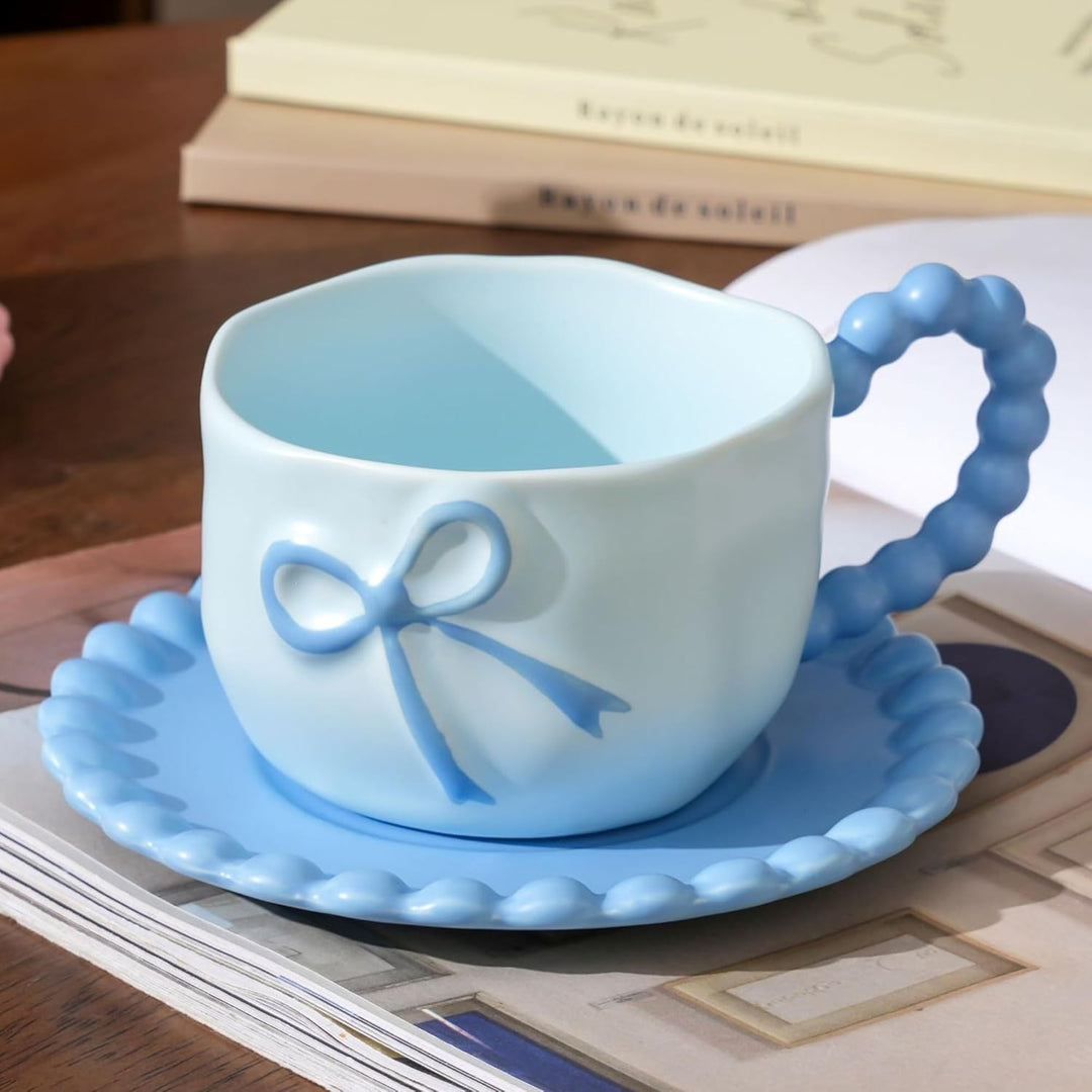 350 ML Blau Schleife Kaffeebecher Cute Mug Porzellan Kaffee Tee Tasse Keramik Tasse mit Schleife und