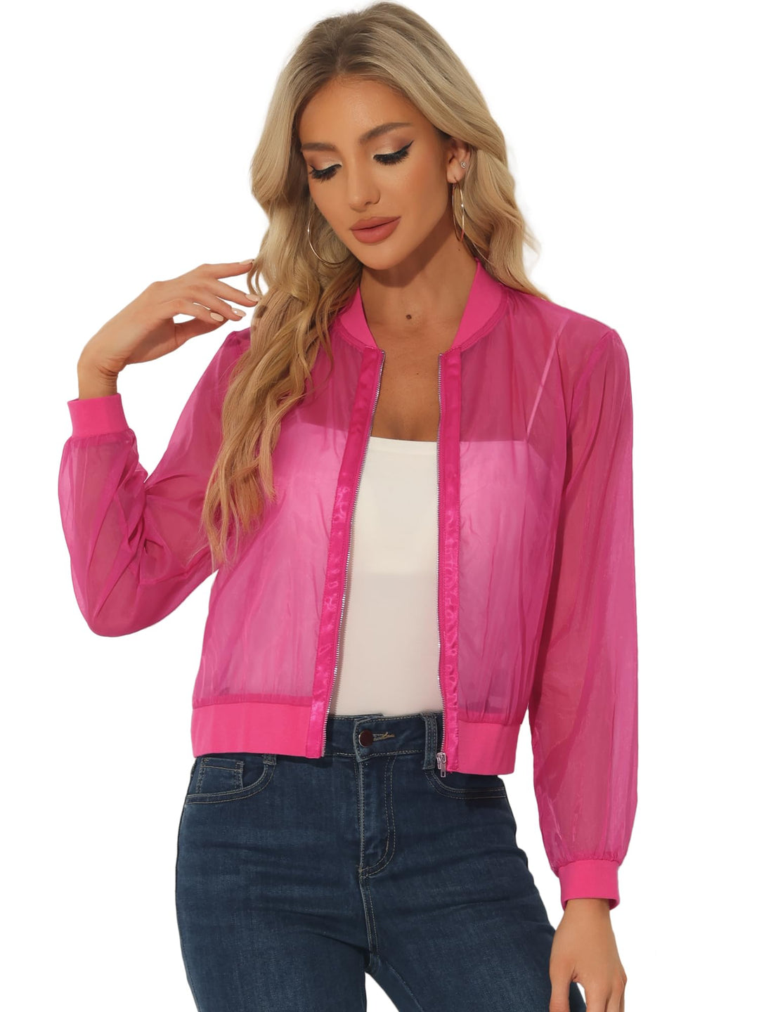 Allegra K Damen Sommer Jacke Langarm Reissverschluss Durchsichtige Transparente Leichte Bomberjacke