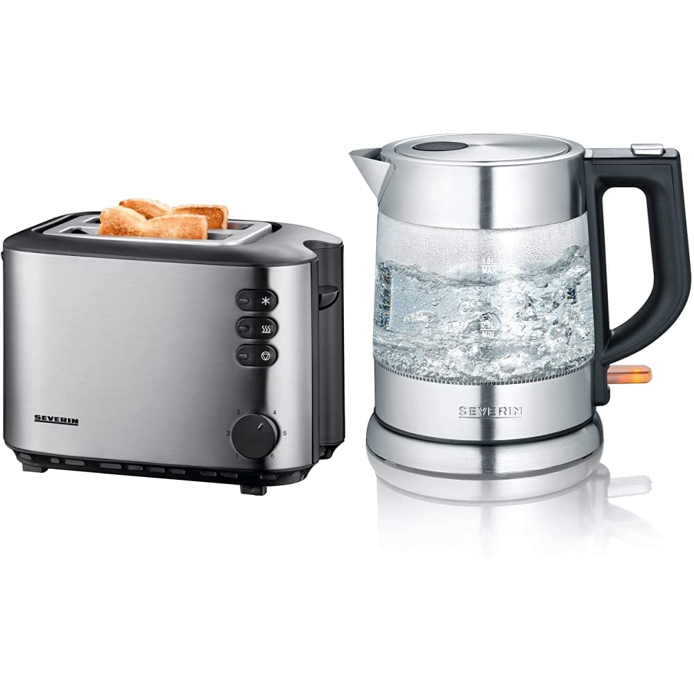 SEVERIN Automatik-Toaster, 2 Röstkammern, 850 W, AT 2514, Edelstahl/Schwarz & Glas Wasserkocher, lei