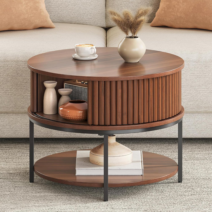 YITAHOME Couchtisch Rund, Couchtisch mit 2-stufigem Stauraum, Couchtische mit Schiebetüren im Tambou