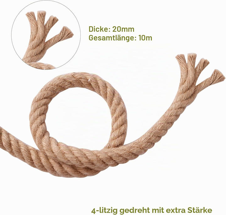 XINSHUNCAN Juteseil 20mm 10M,Natürliche Hanfseil 4-Stränge Dicke Jute Schnur Gedreht Tauwerk Tau Sei