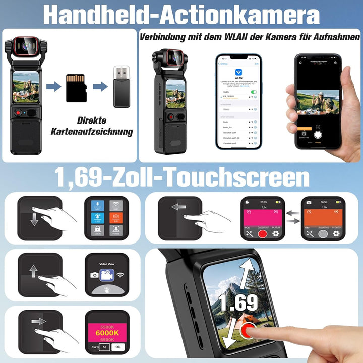 Vlogging Wifi Action Kamera 4K, 160°-Sport Actionkamera, Tragbare Taschenkamera mit um 180° Drehbare