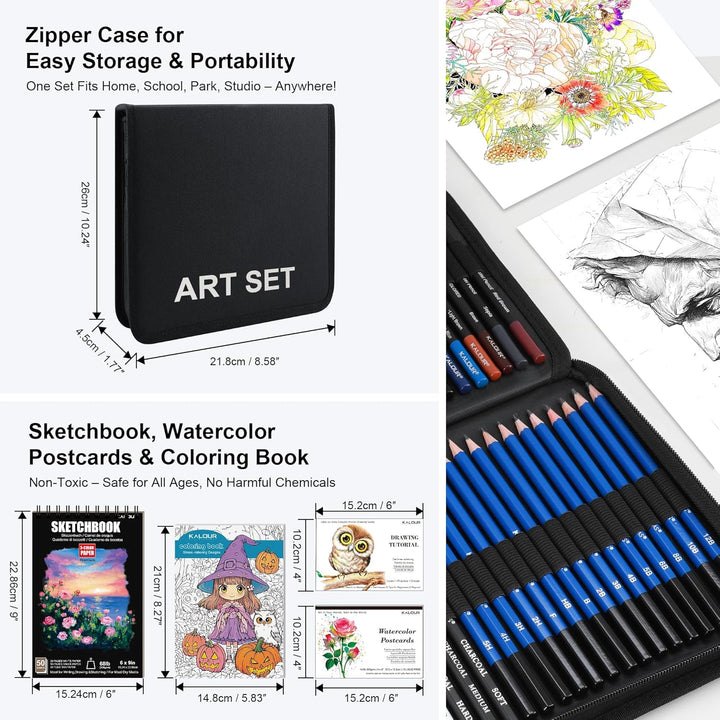 KALOUR Art Set, 140 Pieces Drawing and Painting Supplies, Colored Pencils, Watercolor, Sketchbook, C